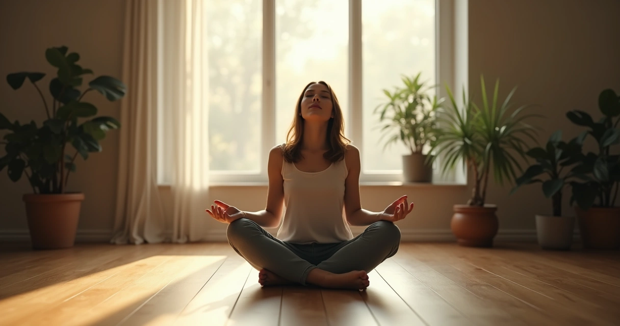 Pessoa sentada em posição de meditação, refletindo em um ambiente tranquilo