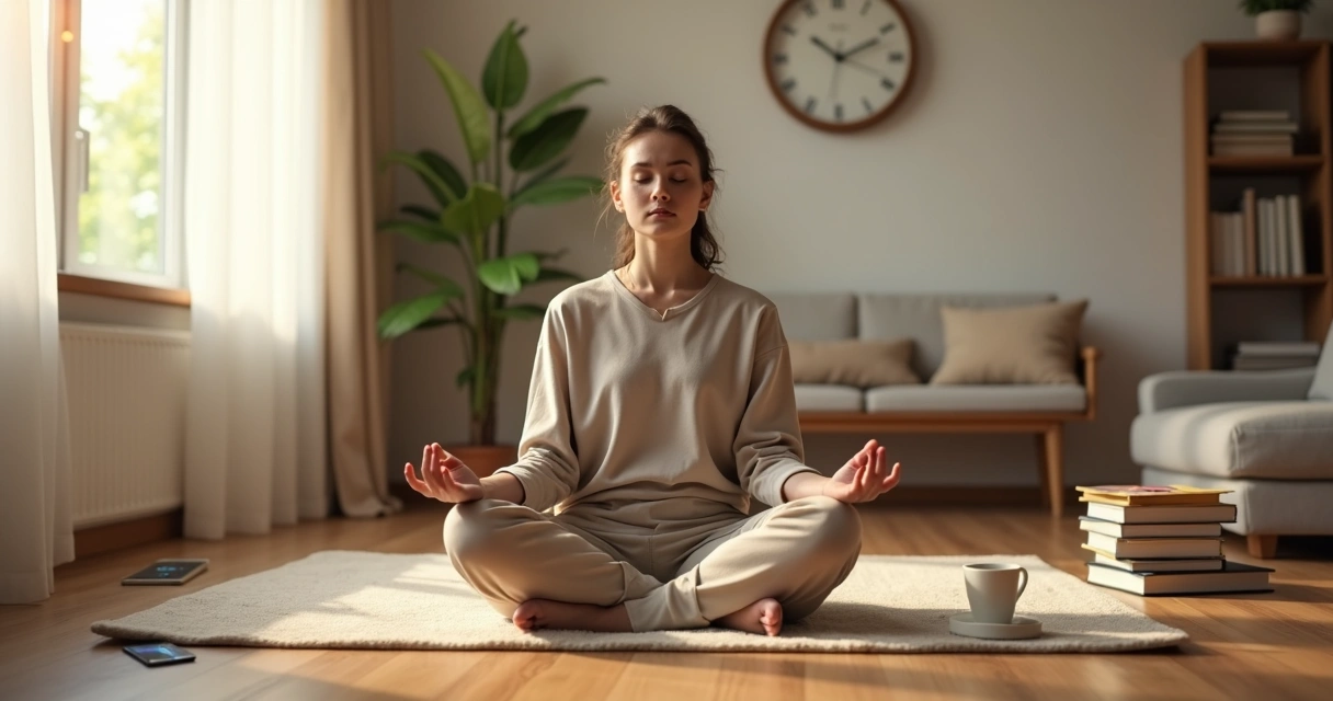 Pessoa sentada no chão em postura de meditação em sala tranquila com luz suave 