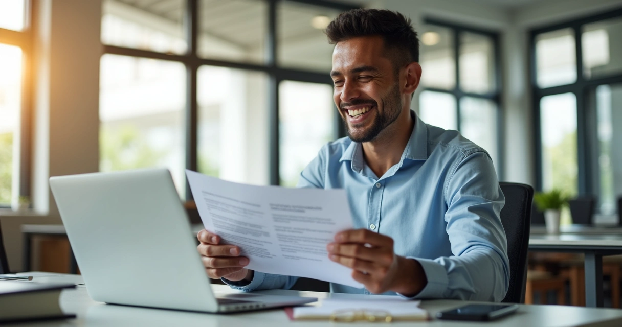 Empreendedor satisfeito com documentos ao lado 