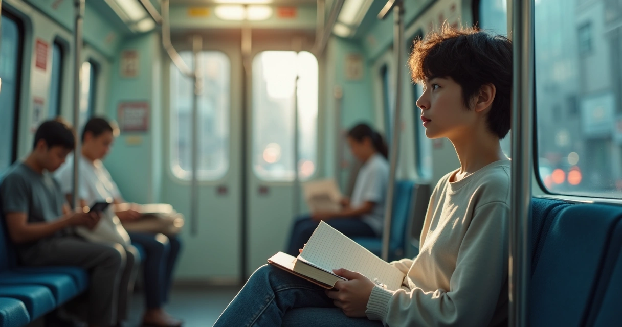 Pessoa em metrô observando cena cotidiana com olhar reflexivo 