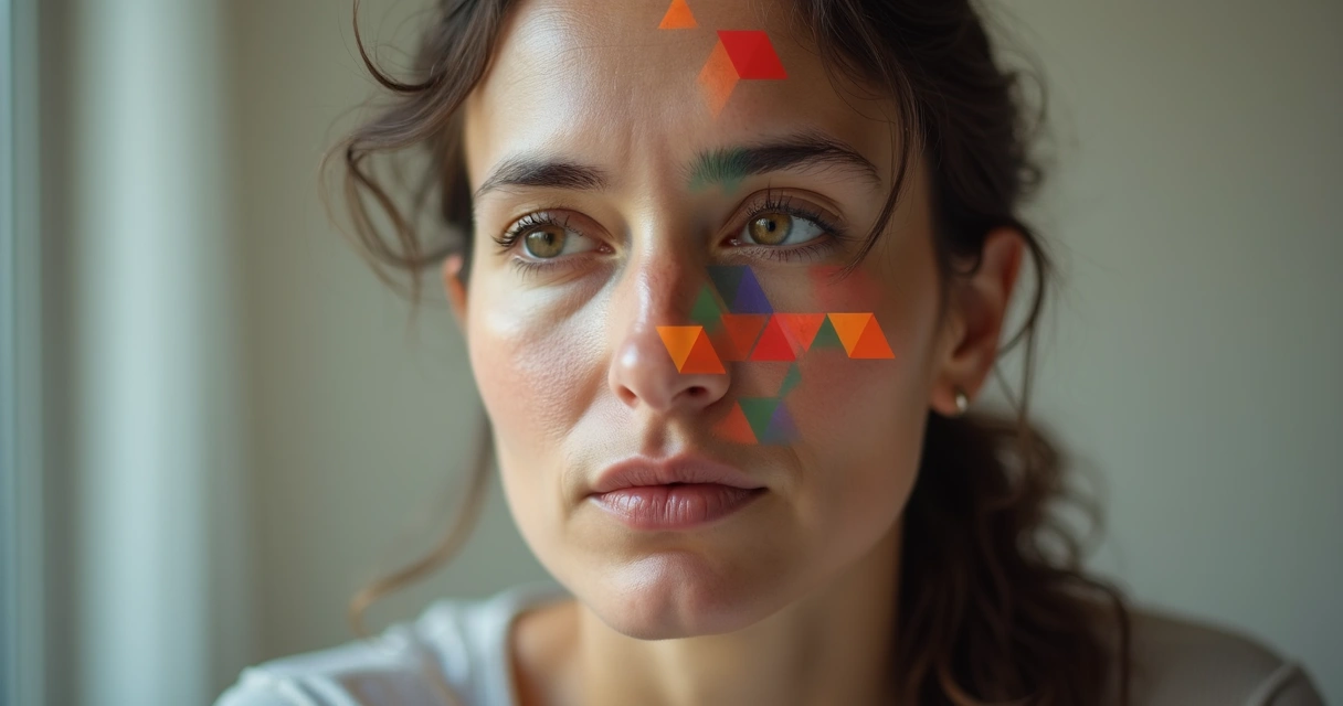 Rosto parcialmente coberto por mosaico colorido representando emoções diversas 