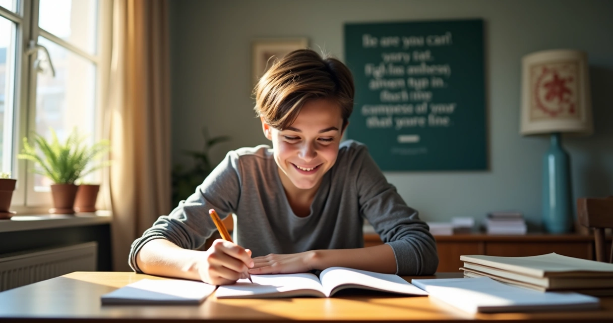 Pessoa estudando animada em uma mesa de escritório