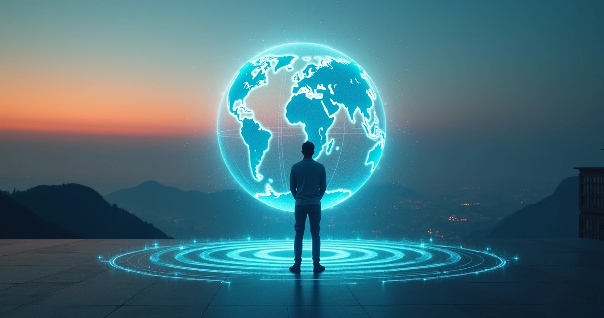 Pessoa em pé diante de um globo digital conectado 