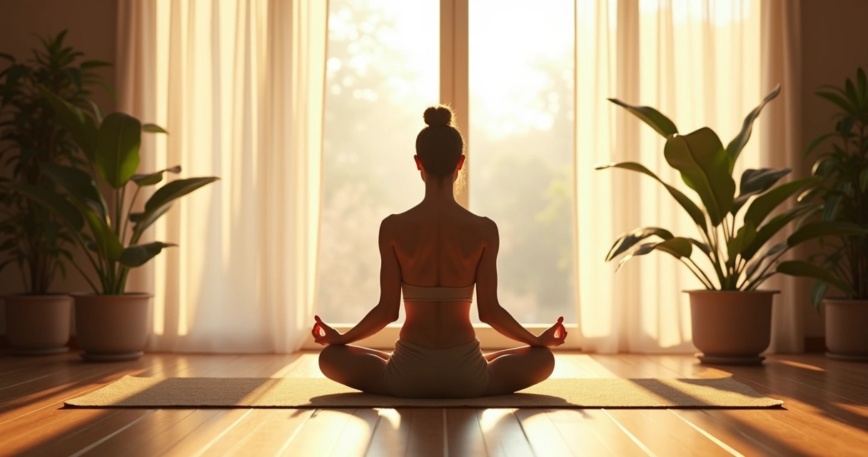 Pessoa sentada meditando em ambiente tranquilo e suave 