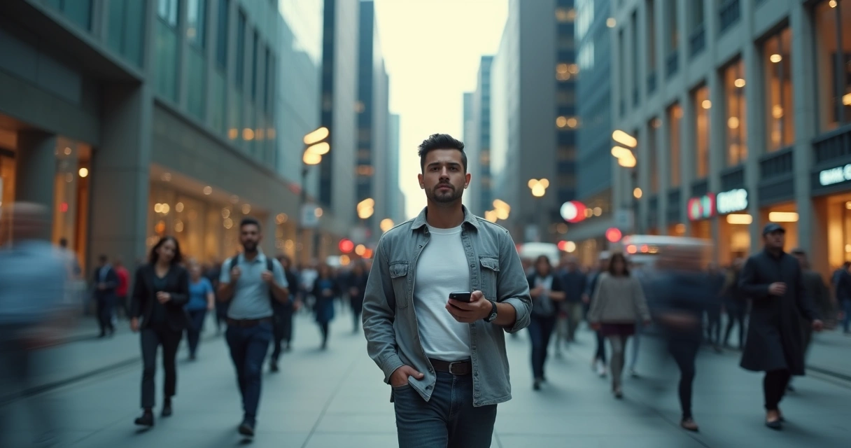 Pessoa andando distraída pela cidade com expressão distante 