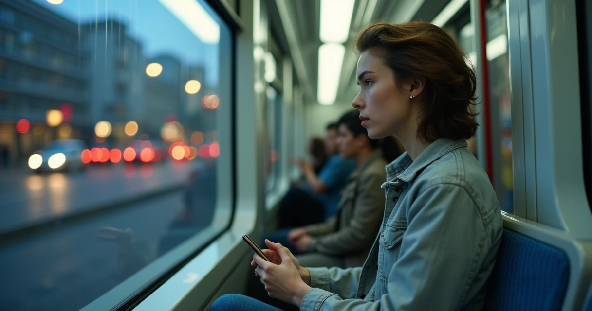 Pessoa pensativa olhando pela janela do metrô segurando celular na mão 