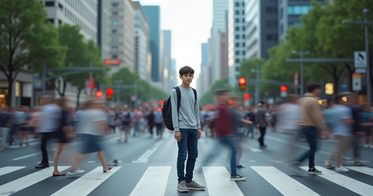 Pessoa parada em meio à multidão borrada representando vida no automático 