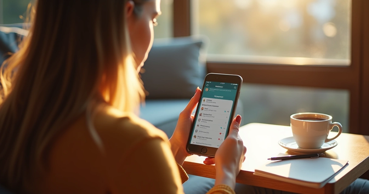 Pessoa usando celular em café com app de senhas aberto