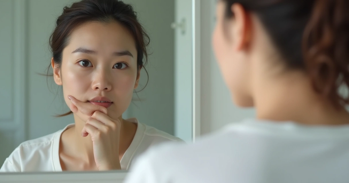 Pessoa olhando para um espelho com expressão reflexiva, simbolizando autoconhecimento. 