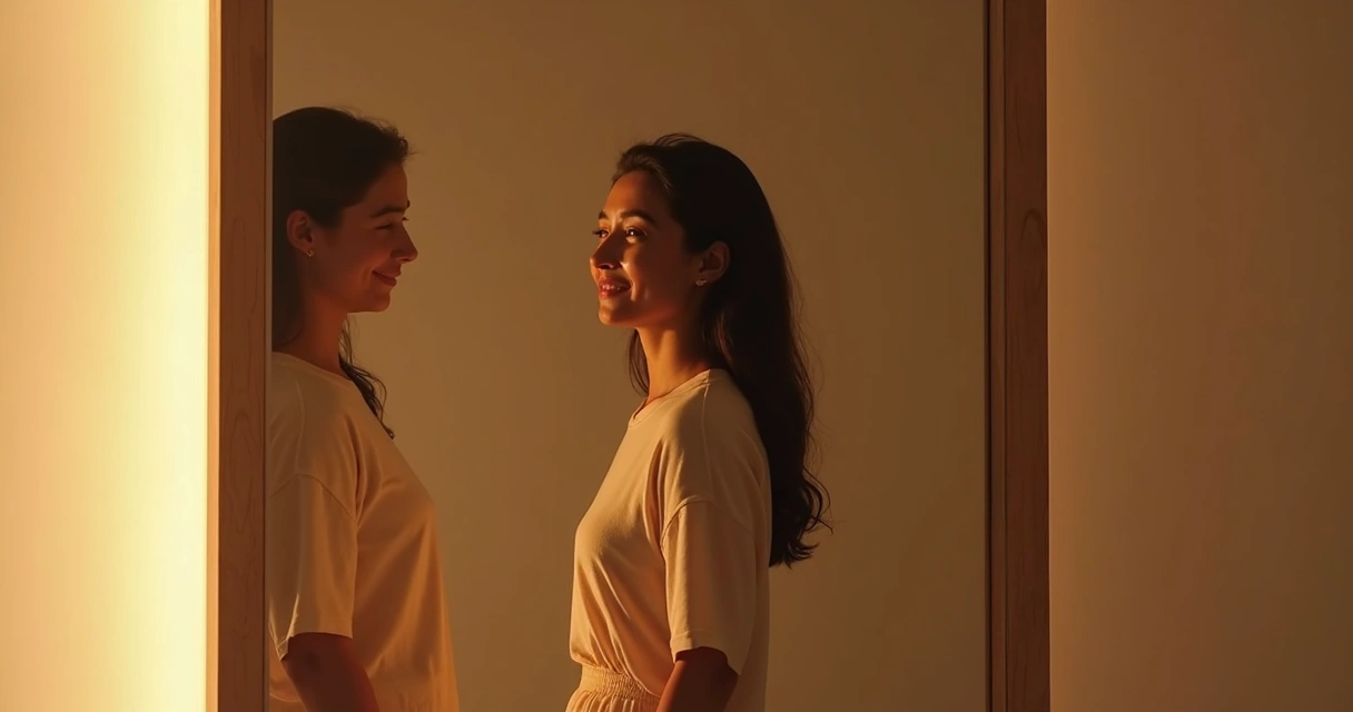 Pessoa olhando no espelho serenamente, refletindo sobre si mesma