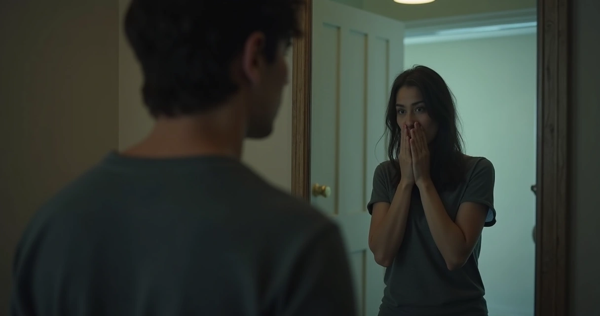 Pessoa olhando para si no espelho, expressão pensativa 