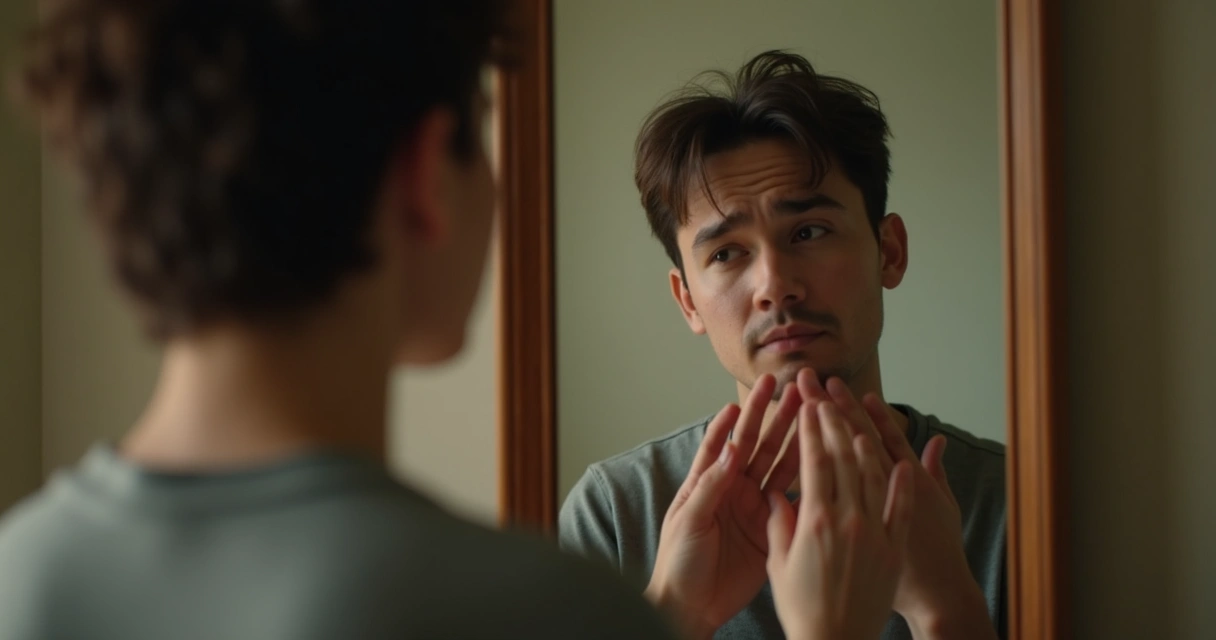 Pessoa olhando para o próprio reflexo no espelho, expressão pensativa