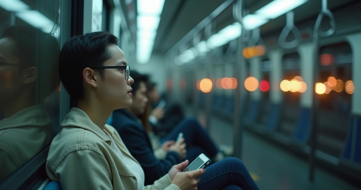 Pessoa olhando pela janela do metrô com expressão distante e pensativa 