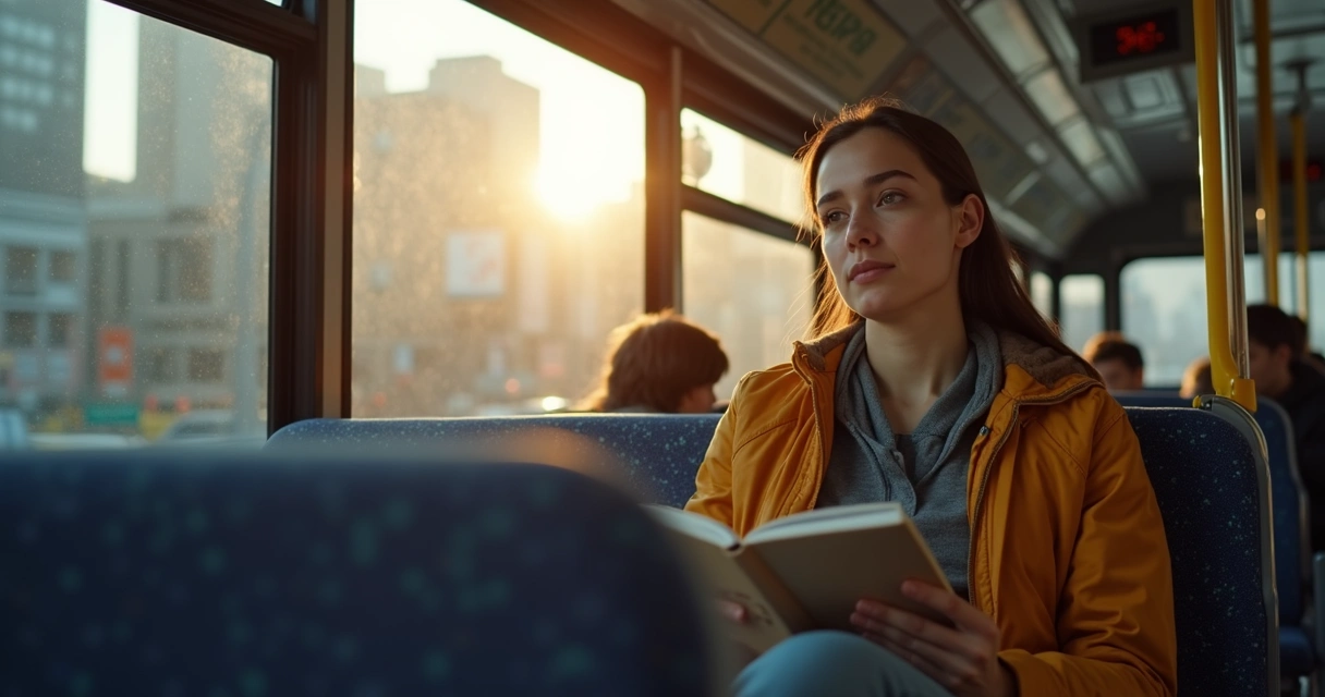 Pessoa confortável lendo caderno dentro de um ônibus 