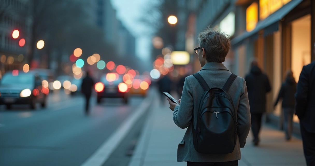 Pessoa andando distraída pela cidade com expressão distante e olhar vazio 