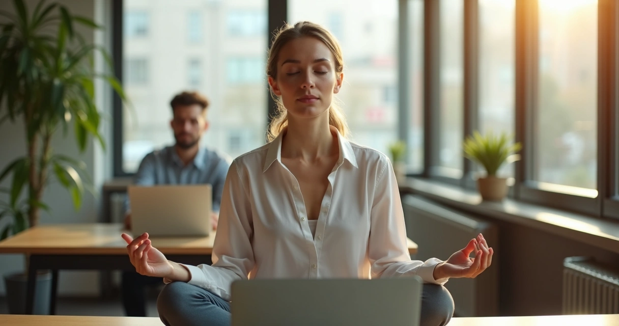 Profissional sentado à mesa de trabalho praticando meditação com olhos fechados 