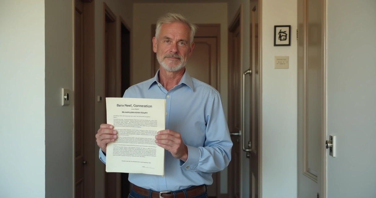 Proprietário segurando documento para notificar inquilino na porta do apartamento