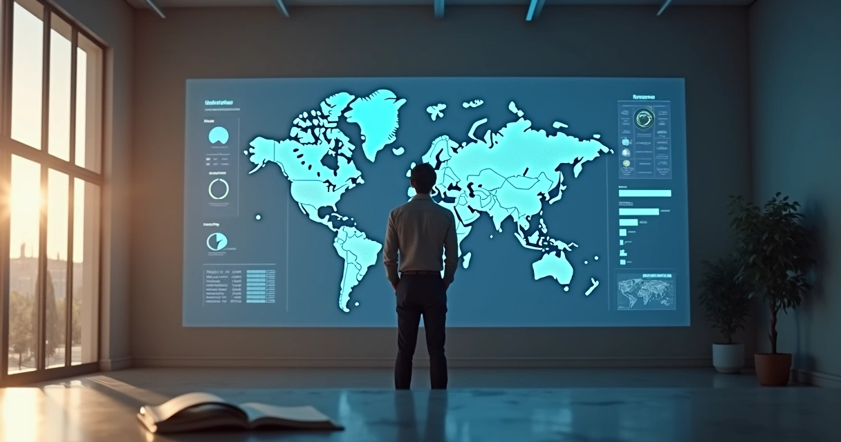 Pessoa observando gráficos e mapa digital em ambiente calmo