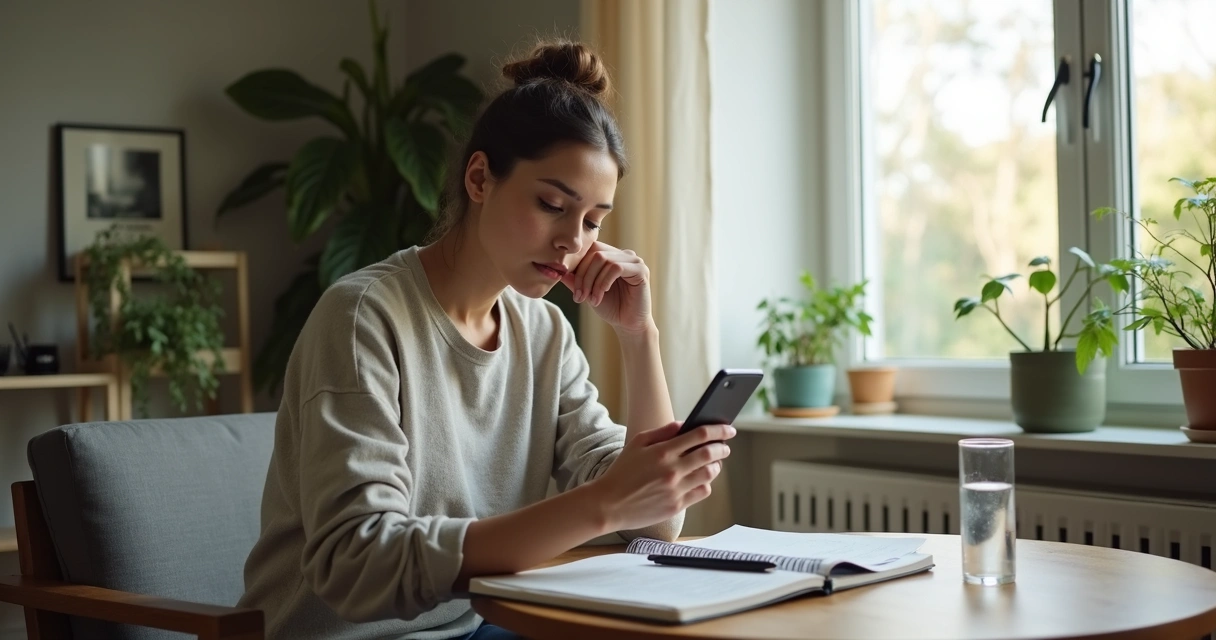 Pessoa olhando notícias ambientais no celular em ambiente silencioso