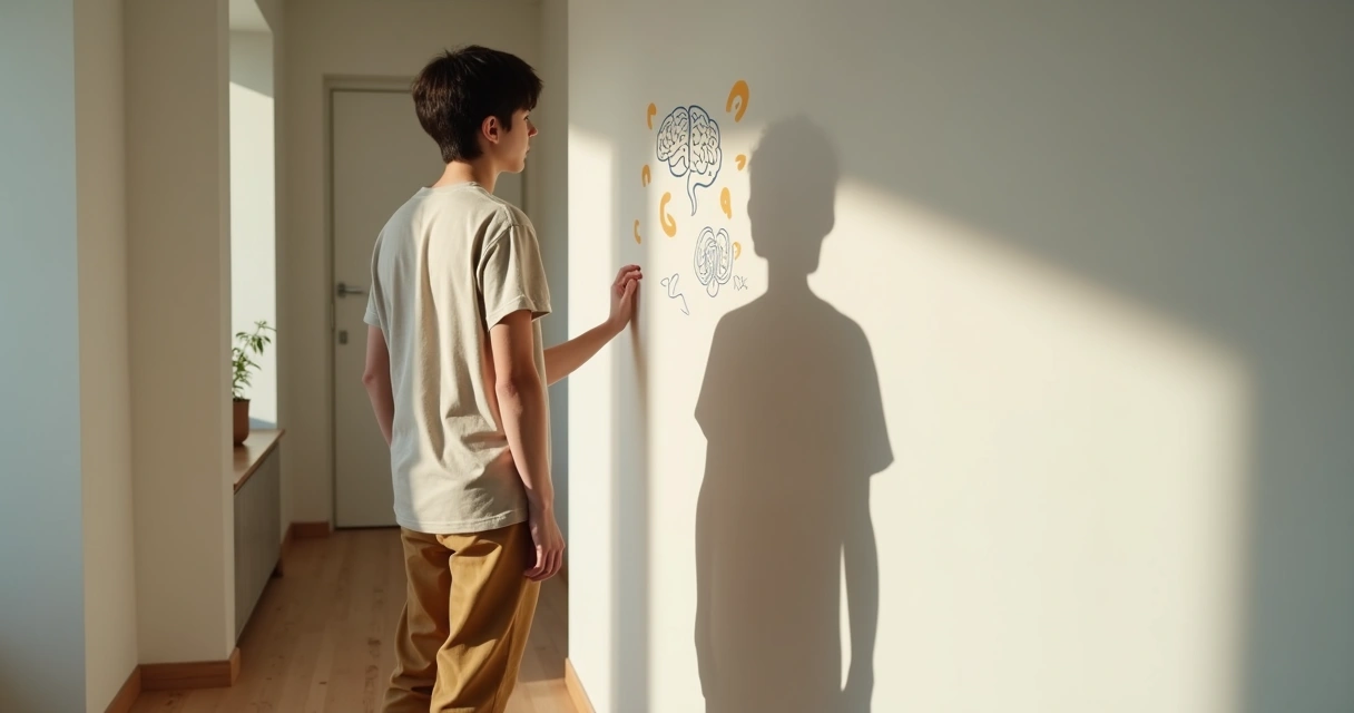 Pessoa observando sua própria sombra projetada em parede com símbolos abstratos 