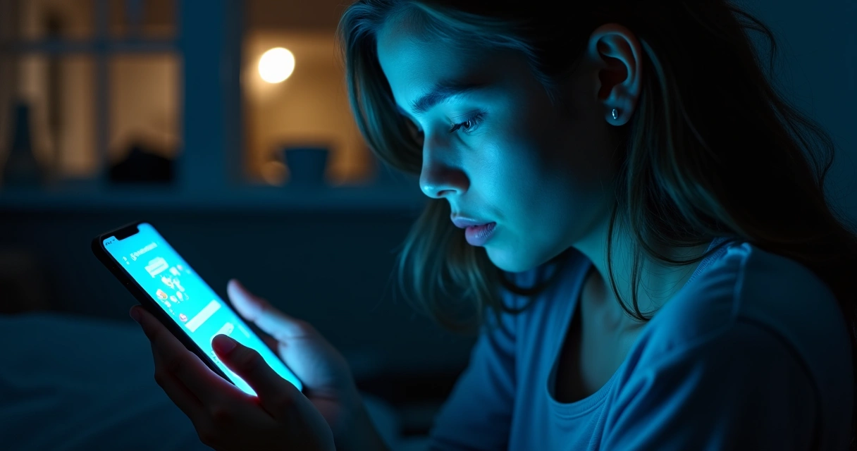 Pessoa olhando celular com expressão reflexiva em ambiente de pouca luz 