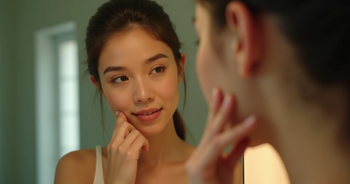 Pessoa olha para o espelho com aceitação e acolhimento