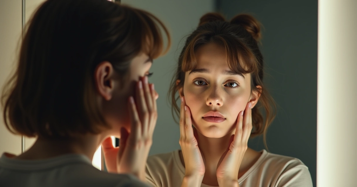 Pessoa olhando para espelho segurando o próprio rosto 