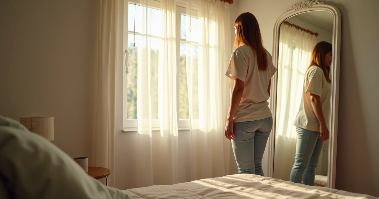Pessoa olhando para o espelho com expressão pensativa 