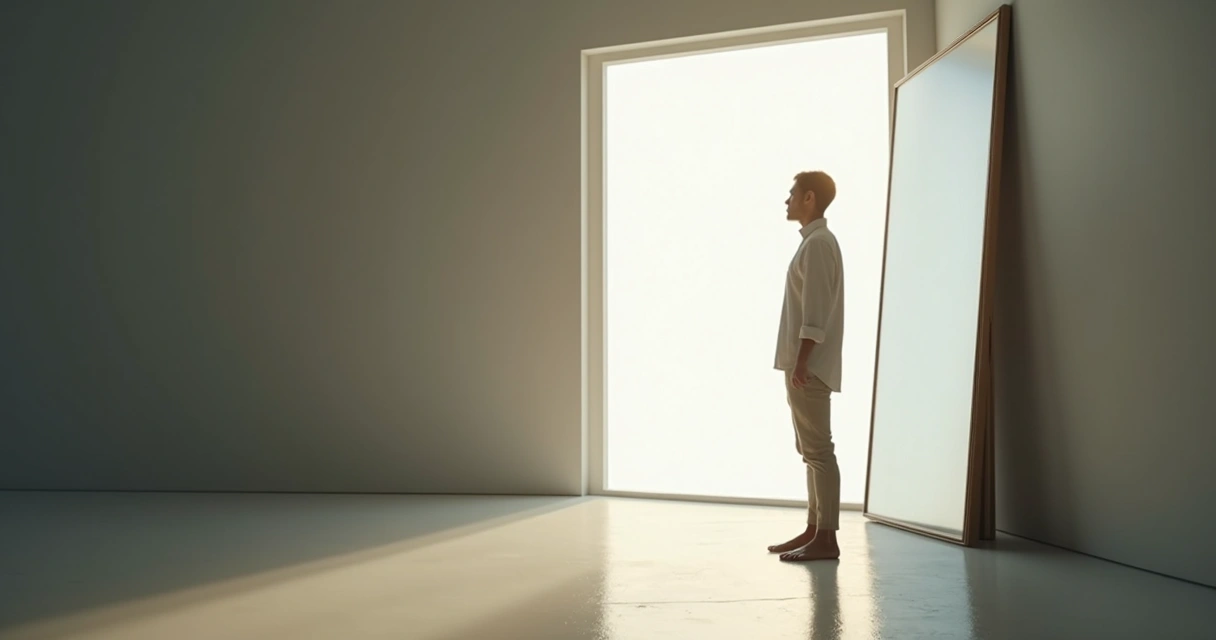 Pessoa olha para o próprio reflexo em espelho, representando autopercepção 