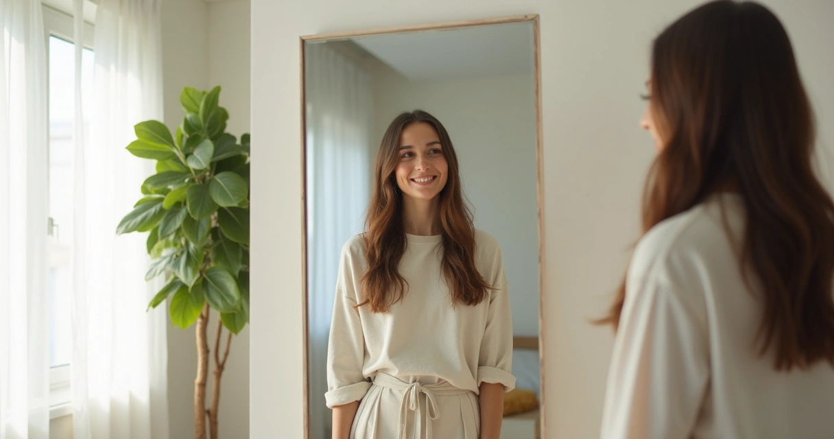 Pessoa olhando para o espelho sorrindo satisfeita 