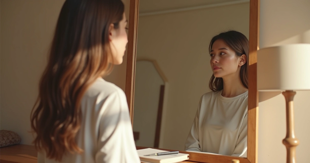 Pessoa diante de espelho em momento de reflexão tranquila 