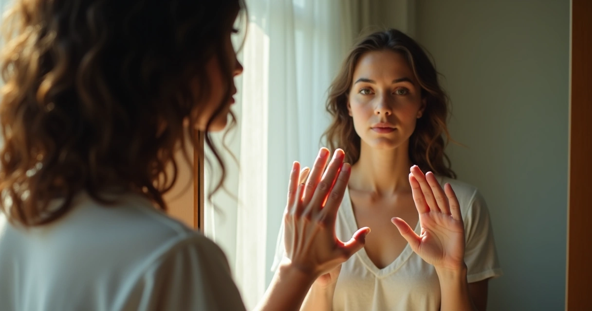 Pessoa olhando o próprio reflexo no espelho