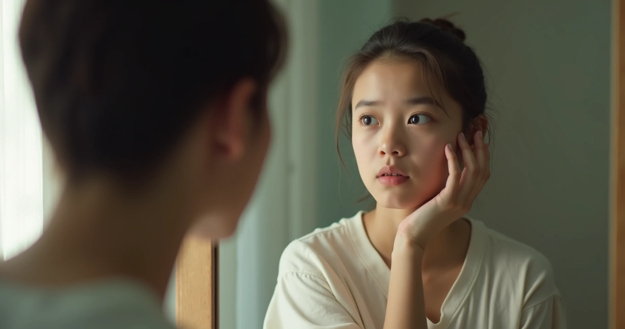 Jovem analisando seu reflexo no espelho