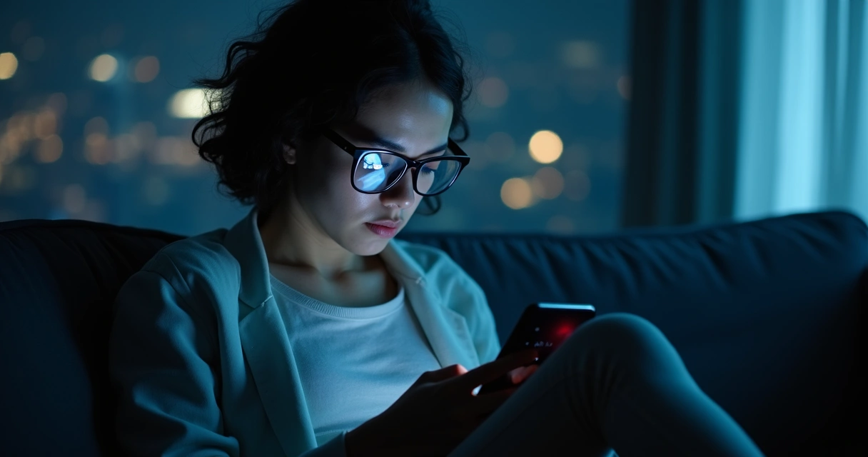Pessoa olhando notificações no celular em ambiente com pouca luz 