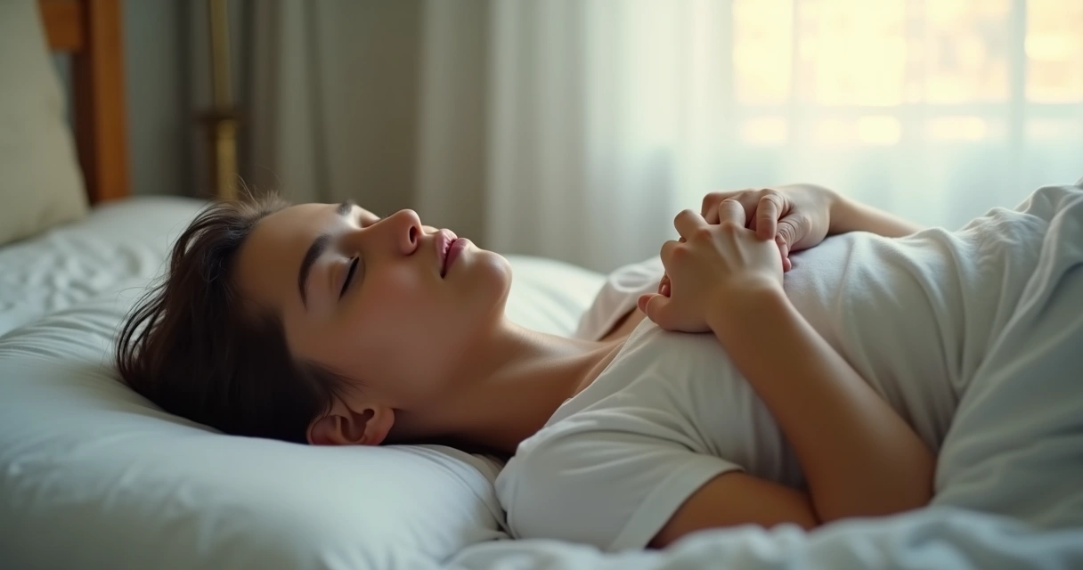 Pessoa deitada de olhos fechados respirando calmamente 