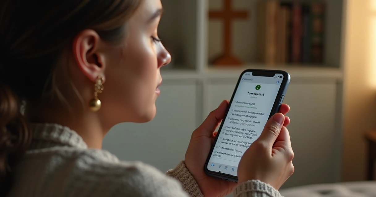Pessoa orando com celular mostrando app religioso 