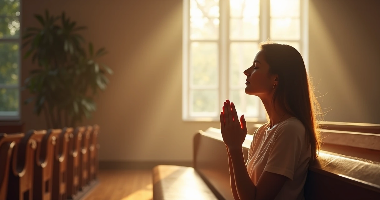 Mulher de perfil orando sentada em banco de igreja moderna 