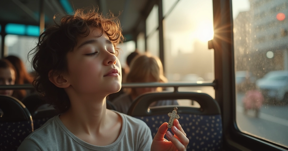 Jovem com olhos fechados segurando um patuá sentado em ônibus. 