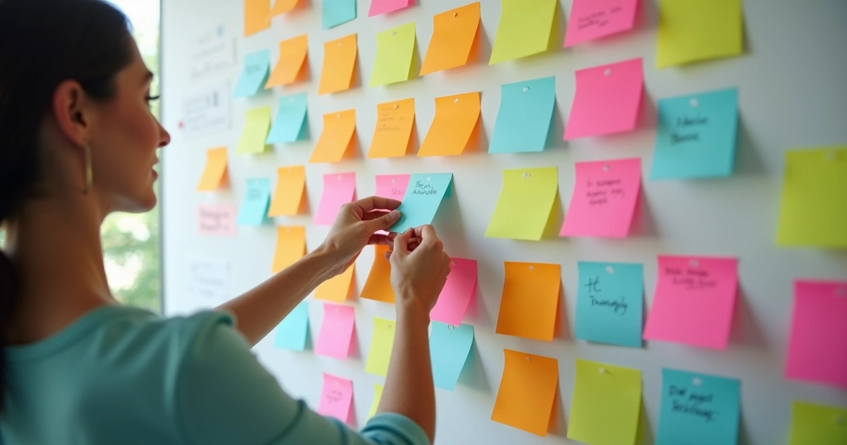 Pessoa organizando tarefas com post-its coloridos na parede 