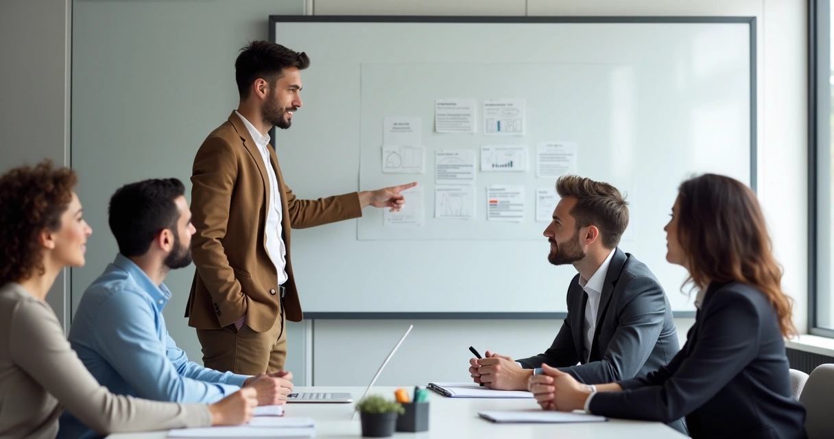 Pessoa apontando quadro branco em reunião com equipe atenta 