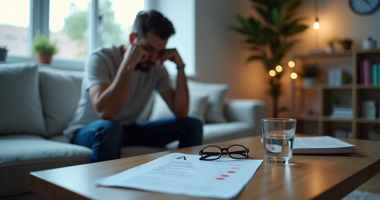 Adulto pálido e cansado sentado no sofá ao lado de exame de sangue 