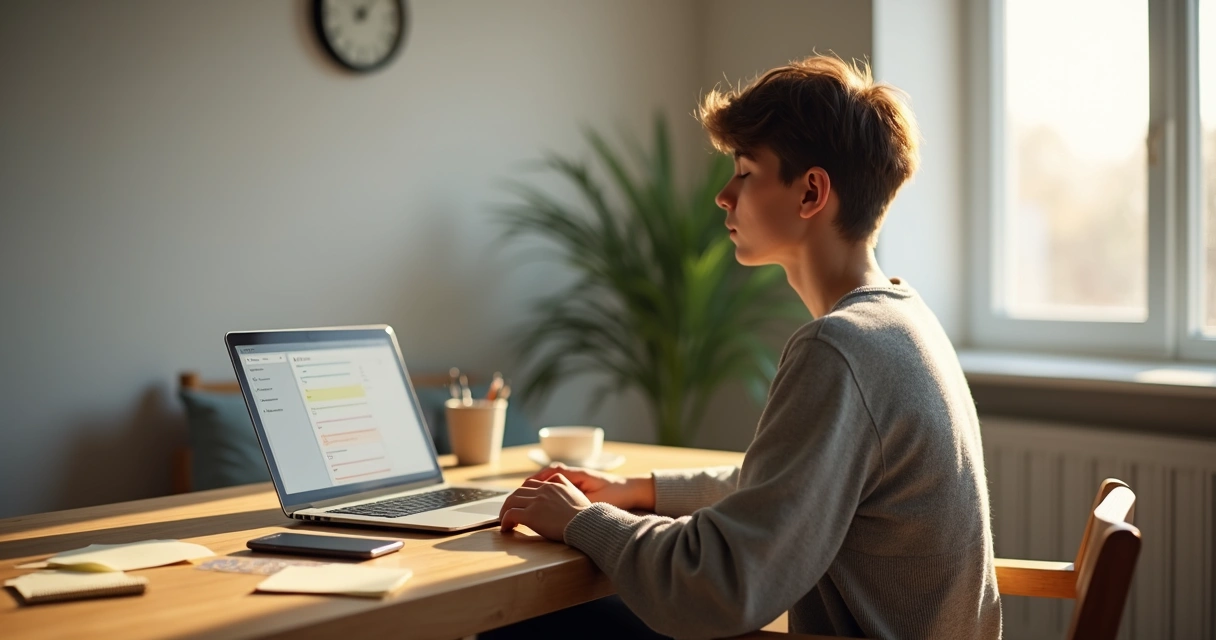 Pessoa sentada em frente ao laptop com tarefas ao redor fazendo pausa consciente 