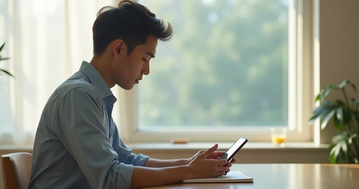 Pessoa sentada longe do celular fazendo uma pausa em ambiente calmo