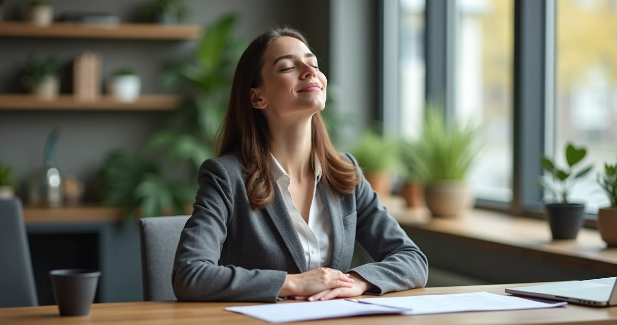 Pessoa fazendo pausa para respiração profunda em escritório 