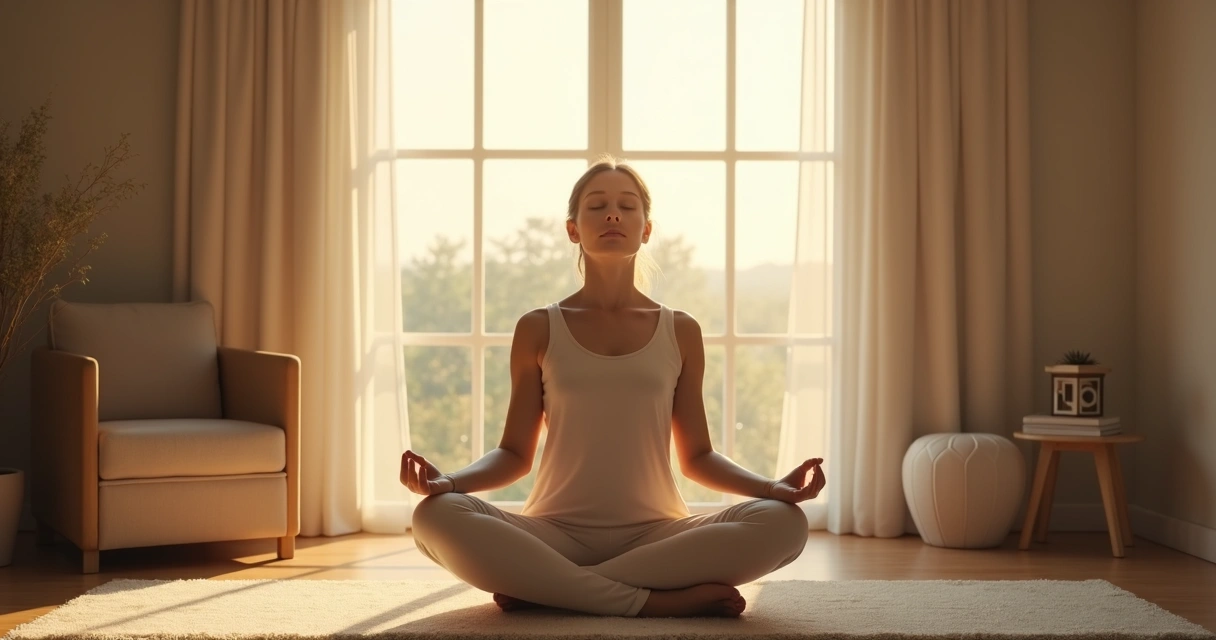 Pessoa sentada em posição confortável, olhos fechados, respirando profundamente em ambiente tranquilo 