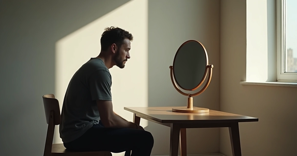 Homem olhando para o próprio reflexo em espelho redondo 