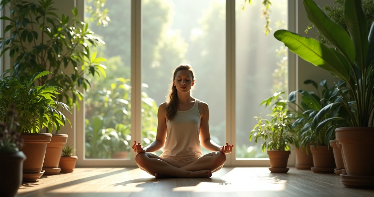 Pessoa sentada em um jardim interno, refletindo silenciosamente, luz suave iluminando o ambiente centralizado