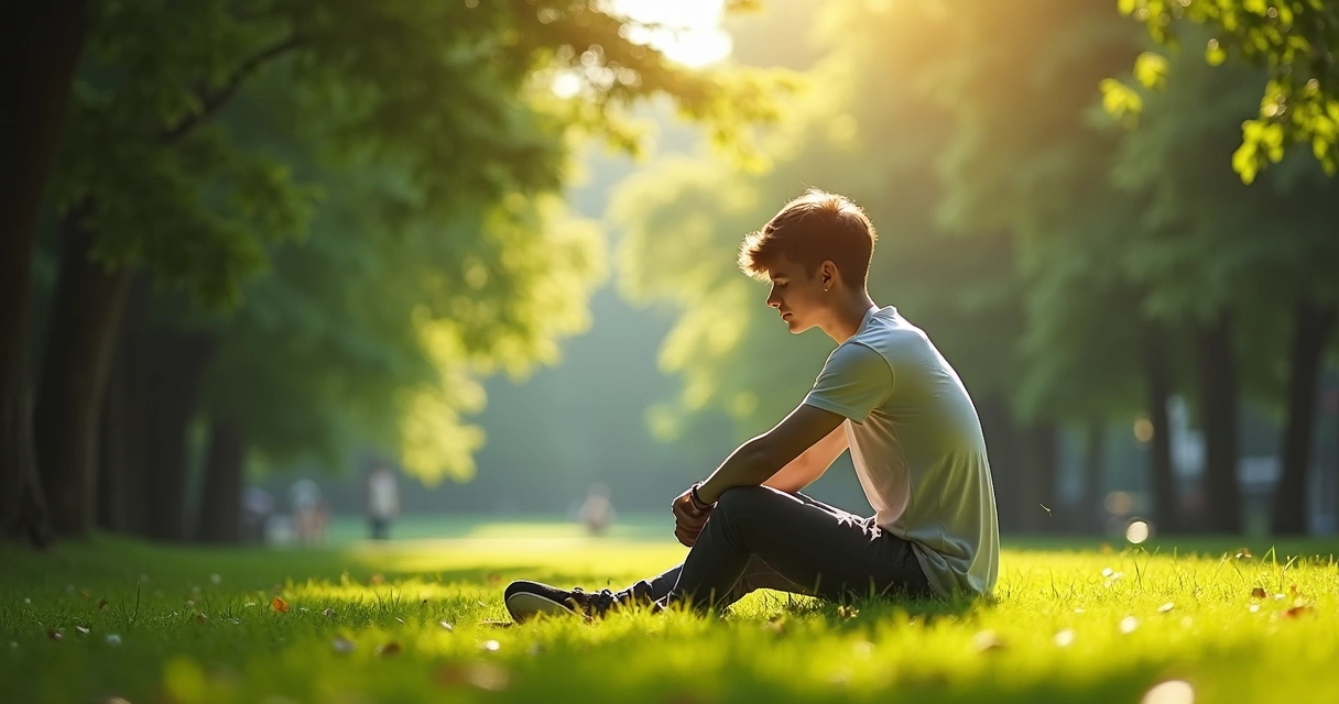 Pessoa sentada na grama em um parque, refletindo em silêncio