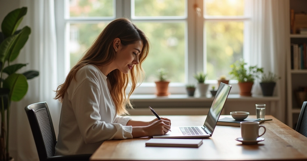 Pessoa sentada à mesa escrevendo e refletindo em ambiente tranquilo 