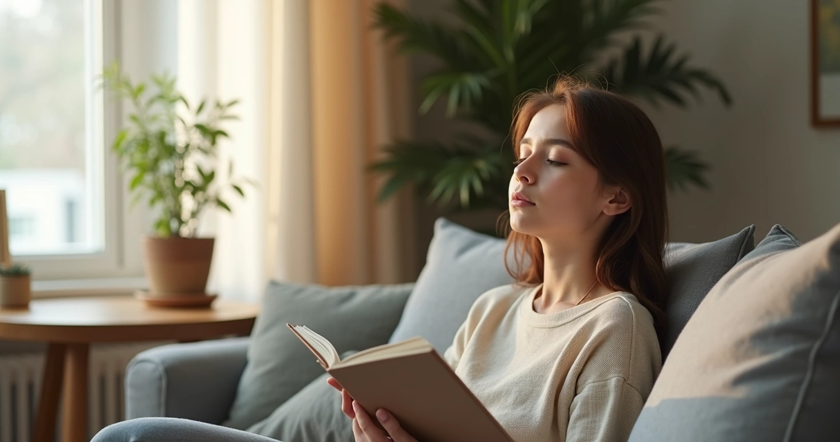 Pessoa sentada refletindo em ambiente calmo e iluminado.